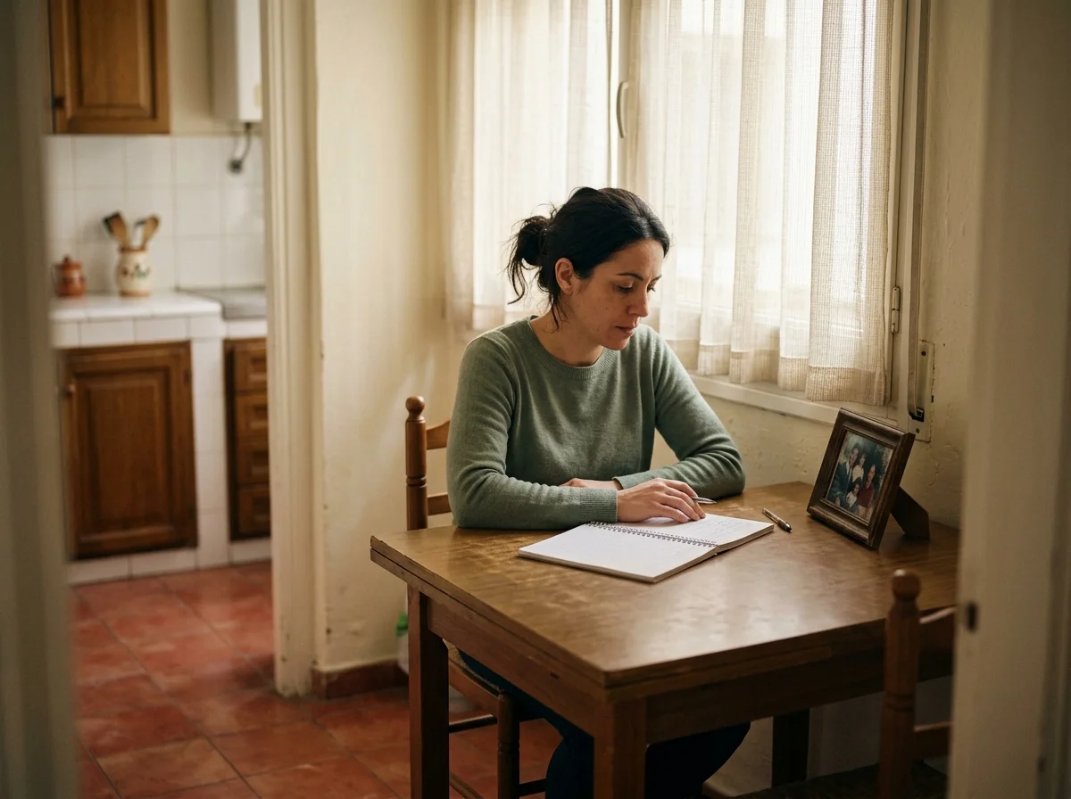 Mujer sentada a una mesa de cocina con un cuaderno abierto y un retrato familiar enmarcado, con luz natural entrando por la ventana.