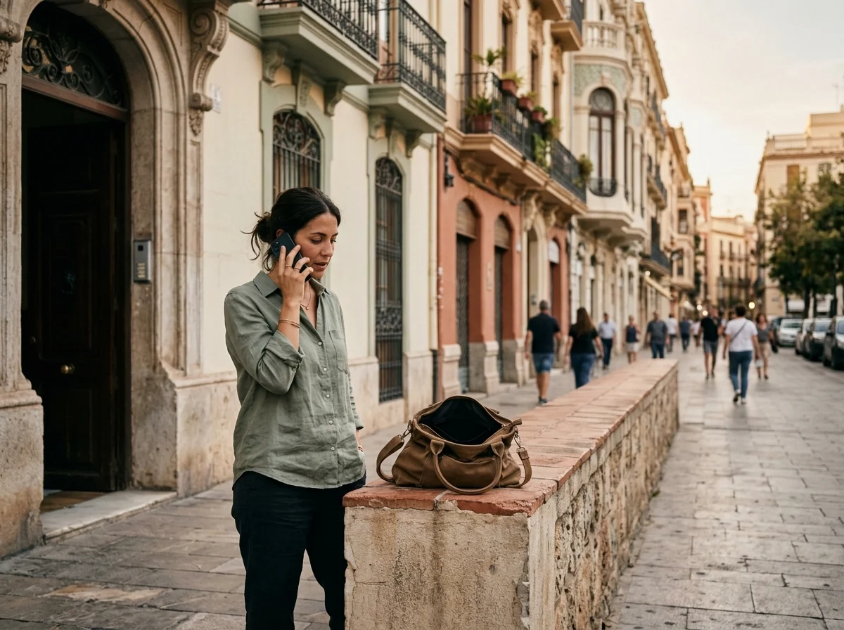 Mujer adulta en una calle céntrica de Valencia, hablando por un teléfono prestado, con el bolso abierto sobre un muro a su lado.