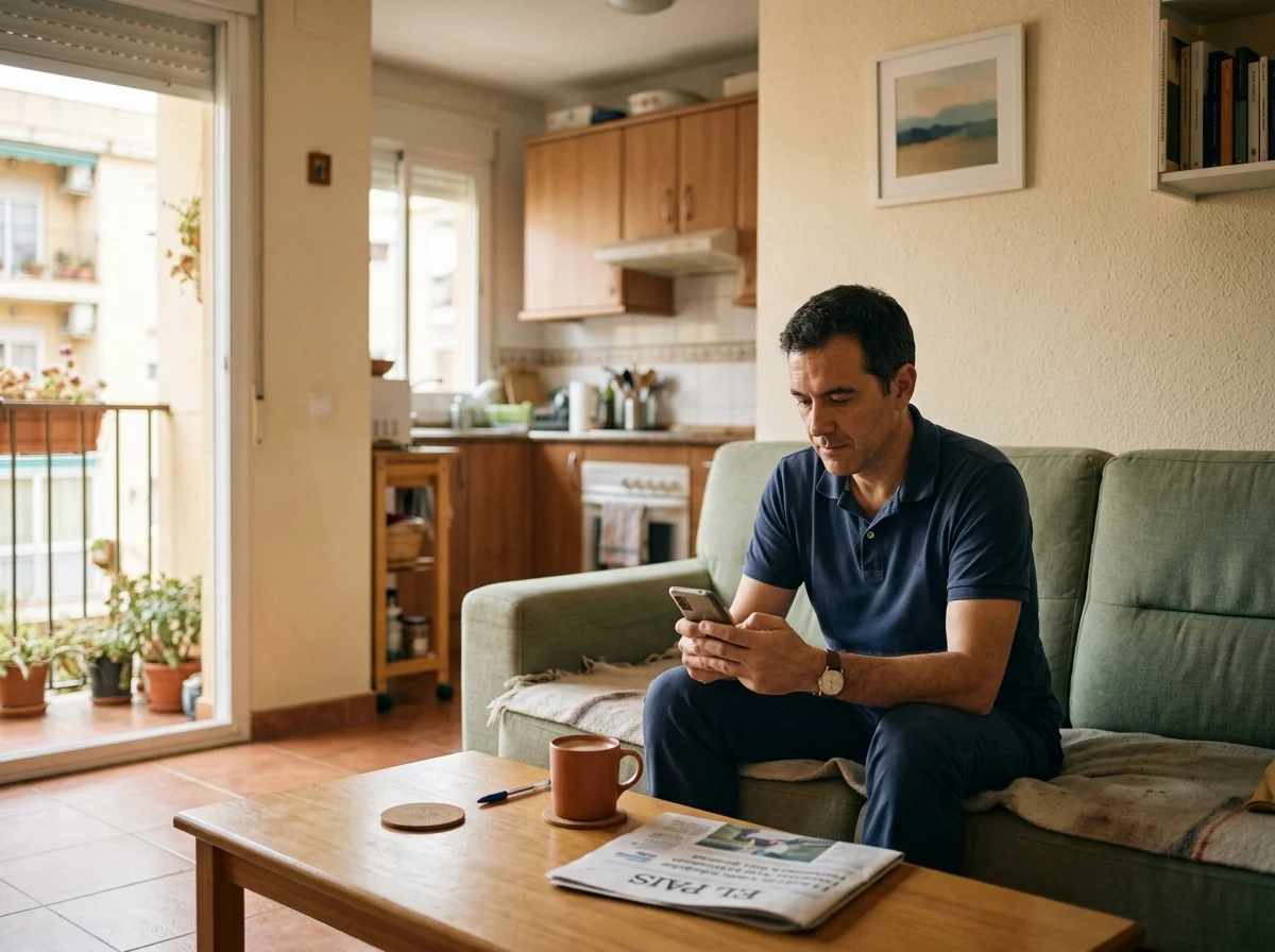 Hombre adulto sentado en el sofá de su salón leyendo una notificación en el móvil, con la cocina al fondo en luz de mañana.